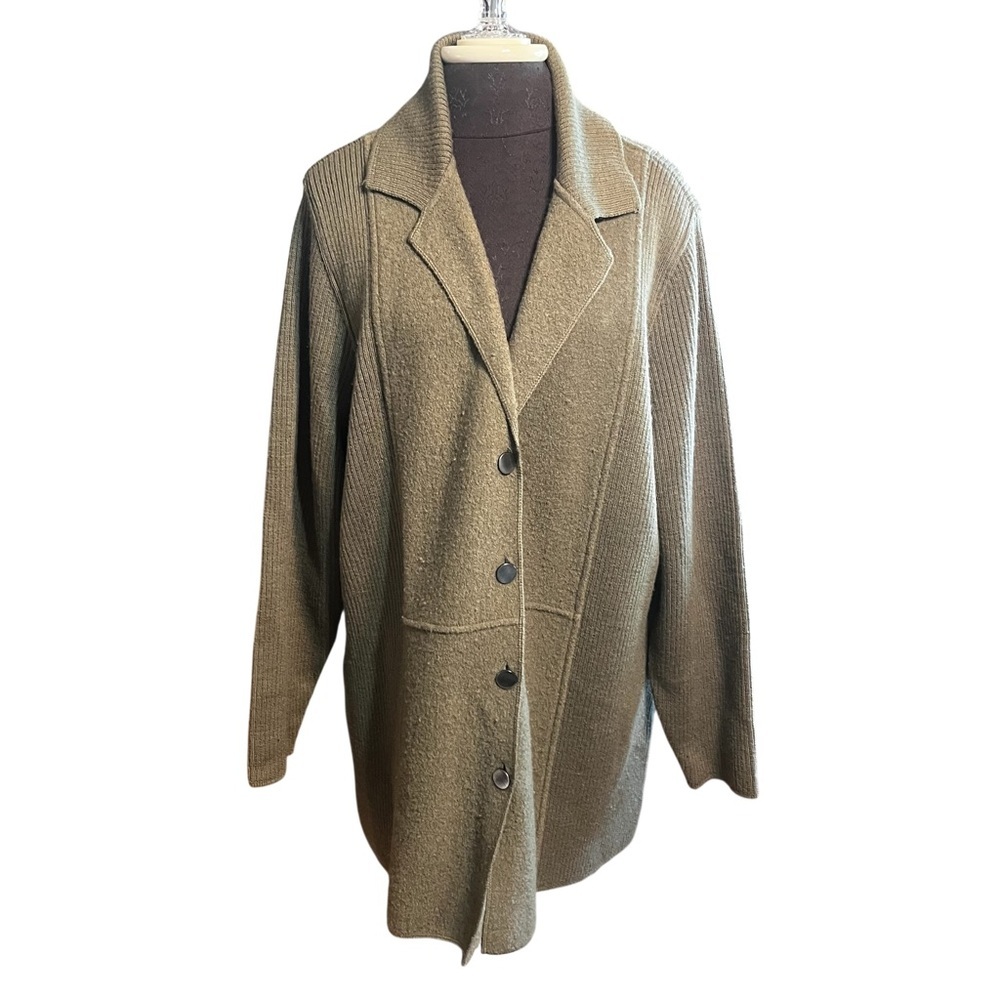 Herman Geist Green Ribbed And Boiled Wool Knit Cardigan Blazer Butter Mom 3X
